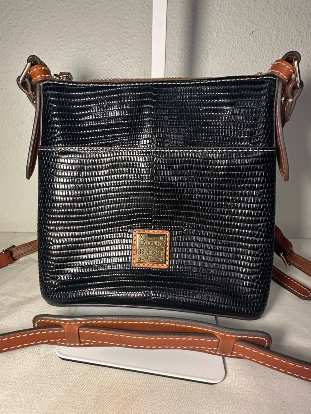 Dooney & Bourke Midnight Blue Lizard-Embossed Crossbody with Brown Trim